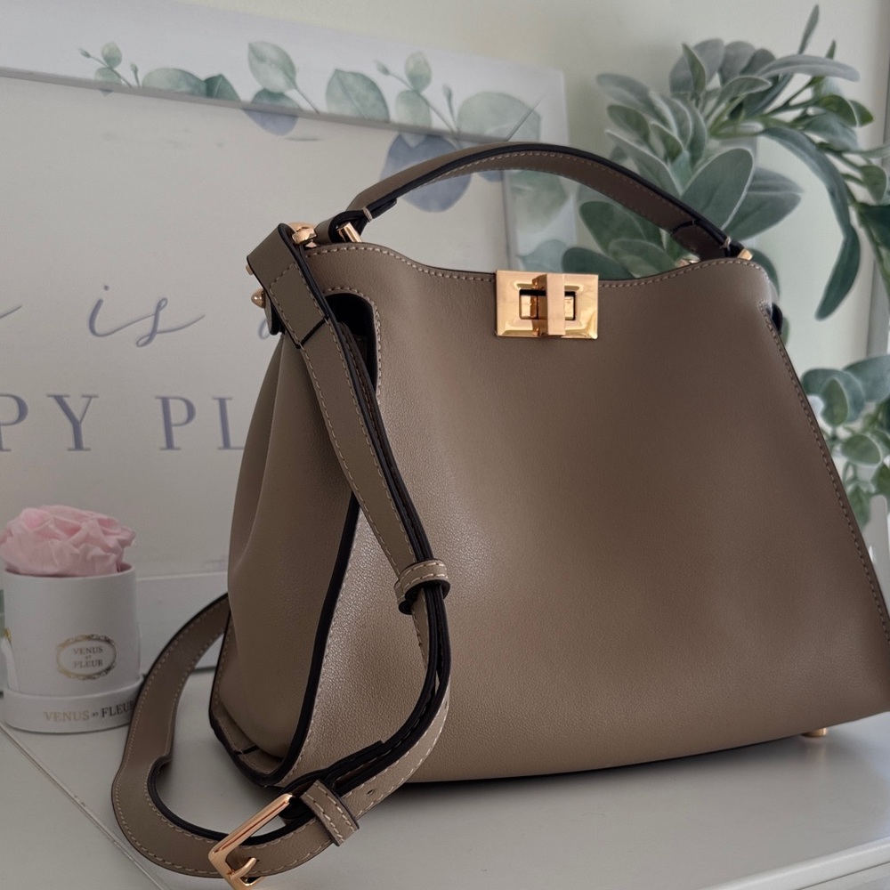 Taupe Structured Top-Handle Satchel with Gold Turn-Lock - Picture 13 of 16